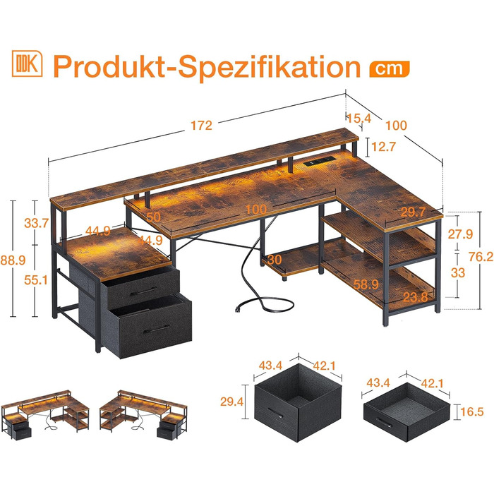 ODK L-Shaped Desk with Drawers, Reversible Corner Desk with LED & Power Strip, Large 189.3x100cm (Vintage Brown)