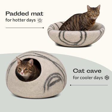Квіткове ліжко для котів Meowfia – затишна печера з 100% мериносової вовни (L, світло-сірий)