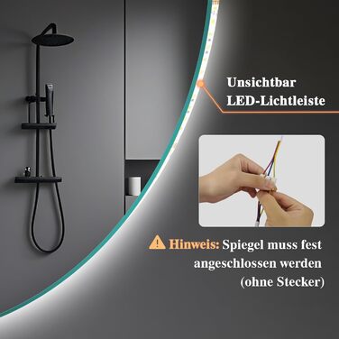 Дзеркало для ванної кімнати з підсвічуванням LED, антизапотівання, сенсорне управління, регулювання яскравості, 3 кольори світла, функція пам'яті, захист від вибуху, кругле дзеркало 50 см (діаметр), 60x60 см (розміри)