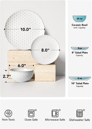 Набір посуду LE TAUCI: 12 елементів (4 сервізи) – тарілки, десертні тарілки, миски, білий колір, для миття в посудомийній машині