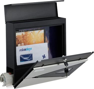 Поштова скринька Relaxdays HBT 37x37x11 см, сталь, чорний/срібний, з оглядовим вікном та замком