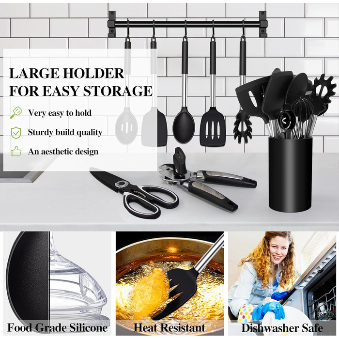 Kitchen Helper Set, 26-Piece Silicone Kitchen Utensils Set, Heat-Resistant Cookware with Utensil Holder, Silicone Spatulas, Cooking Spoons, Anti-Stick Spatulas, BPA Free, Dishwasher Safe, Black