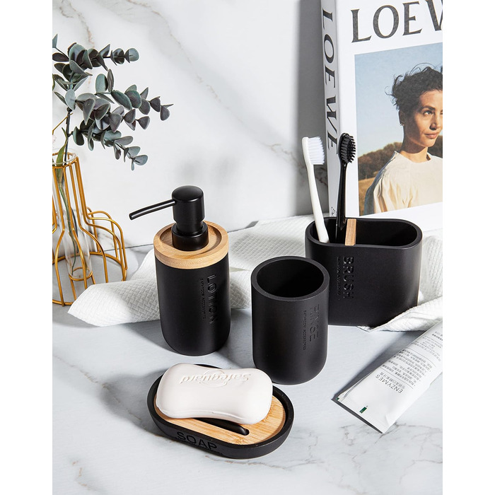 Набір аксесуарів для ванної кімнати з бамбуком/деревом, чорний: дозатор мила, тримач зубних щіток, мильниця