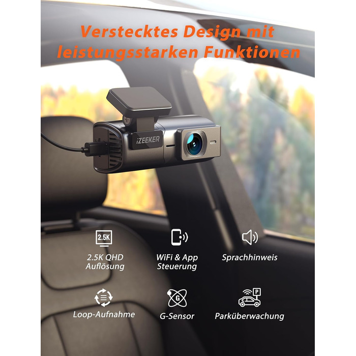 iZEEKER Dashcam 2.5K: Автомобільна камера з Wi-Fi, 1440P, 32GB, Нічне бачення, WDR, G-сенсор, Loop-запис, Паркувальний режим 24/7