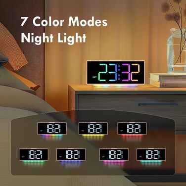 Цифровий LED будильник з RGB нічником (7 кольорів), мережевий будильник з 2 сигналами, функцією Snooze, регулюванням гучності та яскравості, 12/24г (Рожевий)