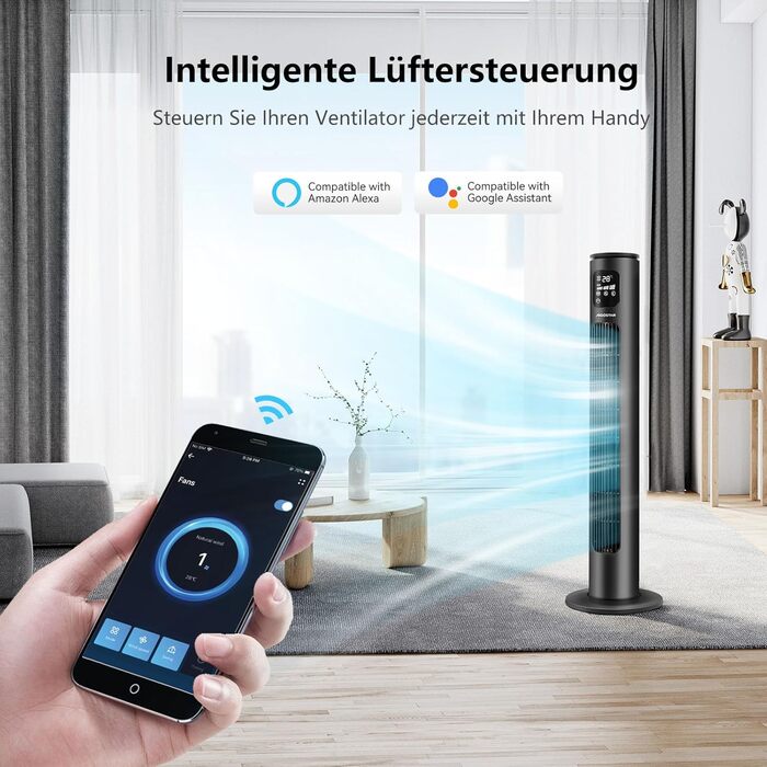 Вентилятор вежний Aigostar Smart 97 см з пультом, WiFi, Alexa, LED дисплеєм, 3 режими, 24 год таймер, 70° осциляція