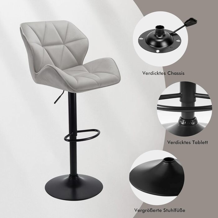 WangPangzi Adjustable Bar Stools 2-Pack with Backrest - Padded Faux Leather Kitchen & Counter Height Stools with Footrest - for Home, Kitchen, Hotel, Bar (Black & Light Gray Velvet)