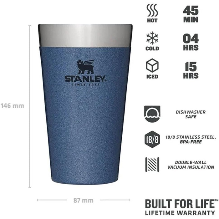 Термокружка Stanley Adventure Stacking Bierkrug 473 мл з нержавіючої сталі, з подвійними стінками, вакуумна ізоляція, 4 години холоду, без BPA, для стекування, миється в посудомийній машині (Hammertone Lake)