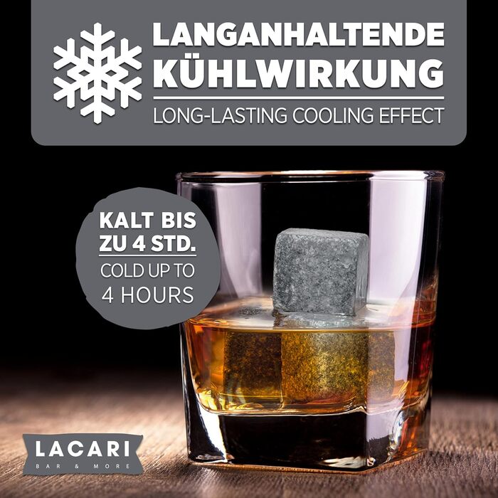 Камені для віскі Lacari ORIGINAL | 9 шт. багаторазові кубики льоду | Набір для віскі з дерев'яною коробкою, щипцями та мішечком | Не розбавляють віскі, ром, джин | Подарунок на день народження