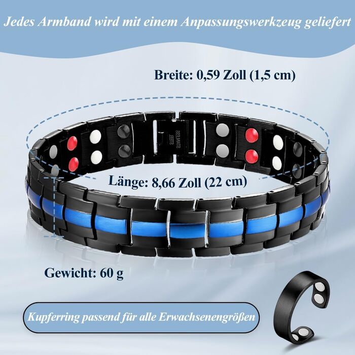 Браслет магнітний чоловічий Vicmag з титанової сталі, подвійна лінія, надміцні магніти, інструмент для регулювання та подарункова коробка (Блакитний, 4 елементи)