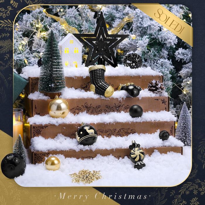 Набір прикрас на ялинку SOLEDI® 128 шт. Преміум якість, пластикові кулі білого кольору з зіркою на верхівку. Міцний та безпечний набір прикрас з підвісками. Різнокольорові ялинкові кулі, багаторазовий декор на Різдво (чорний)