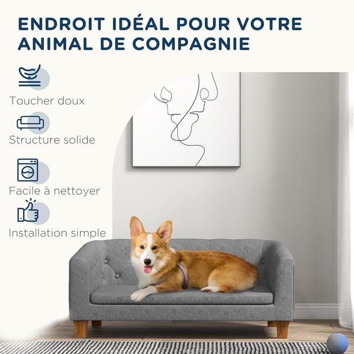 Диван для собак та котів PawHut, сірий, 96 x 60 x 42 см, з м'яким знімним подушкою