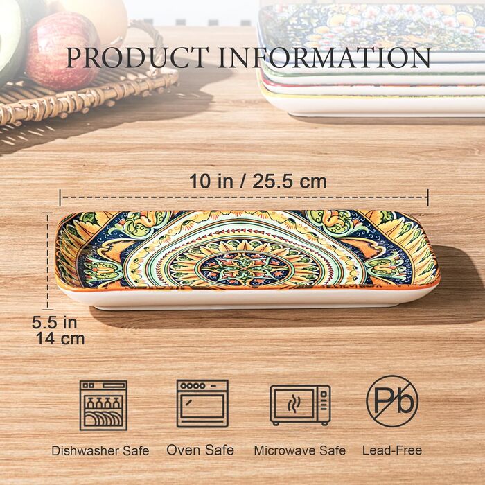 Набір сервірувальних тарілок Henten Home (6 шт.) - прямокутна форма, 25.5 см - для закусок, суші, фруктів, салатів, десертів - безпечно в мікрохвильовці, духовці, посудомийній машині - багатобарвний