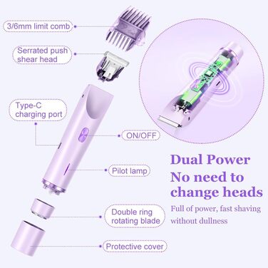 Електричний триммер для бікіні 2-в-1 для жінок та чоловіків – для гладкої шкіри, для інтимної зони, фіолетовий