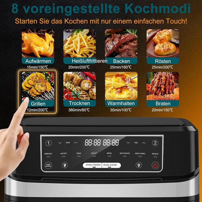 Фритюрниця повітряна з 2 камерами та вікном, 10л XXL, 8-в-1, сенсорний дисплей, таймер, без олії, здорове приготування