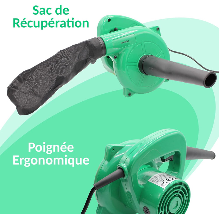 Fishtec - Mini Leaf Blower Electric - Reversible to Vacuum with Collection Bag - Cable Length 180 cm - 500 W - 40 cm - Green - Compact, Practical and Lightweight - Garden