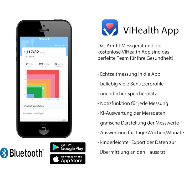 TIGA-MED Armfit Plus: тонометр на плечі з Bluetooth та EKG-діагностикою | монітор серцевого здоров'я | додаток для iOS та Android