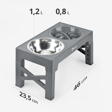 Elevated Dog Bowls Set - Stainless Steel & No-Drip Design - Adjustable Height, 2x 1.2L & 0.8L - Grey