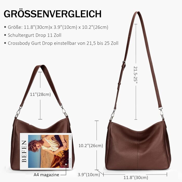 Сумка жіноча шкіряна Befen, шопер середнього розміру з ручками та 2 ремінцями через плече, колір кава