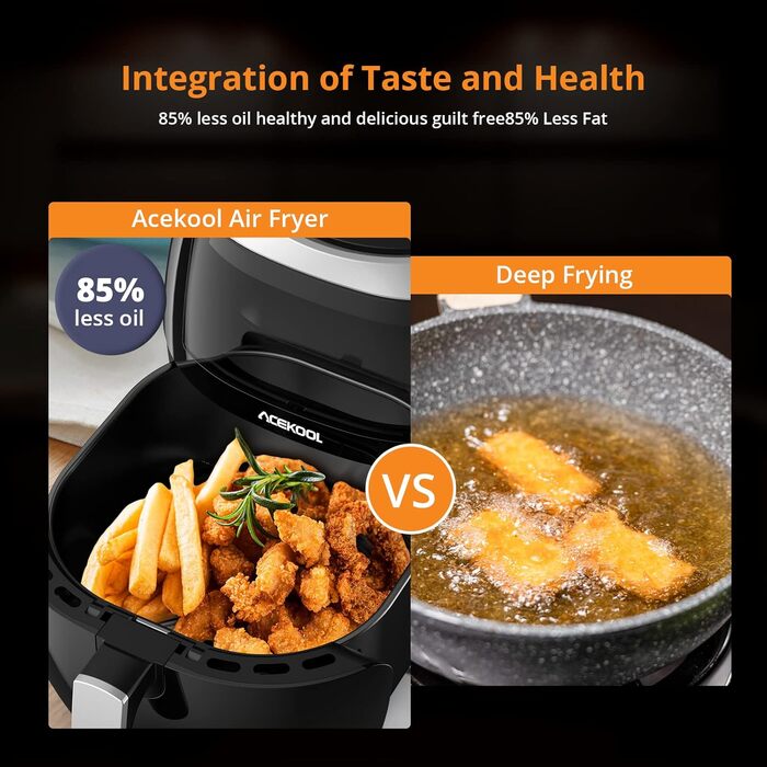 Hot Air Fryer, XXL Hot Air Fryer Oil-Free 8L 1800W, Air Fryer with Recipe Book in German, 8 Programs, Adjustable Temperature Control Acekool Gray