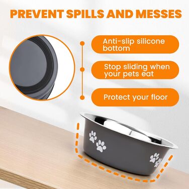 PETTOM Миски для собак 2 шт. з нержавіючої сталі (3120 мл), миски для корму для собак, великі, середні та малі породи, миски для води для собак, сірі, з неслизьким силіконовим дном, розмір M - 21 см