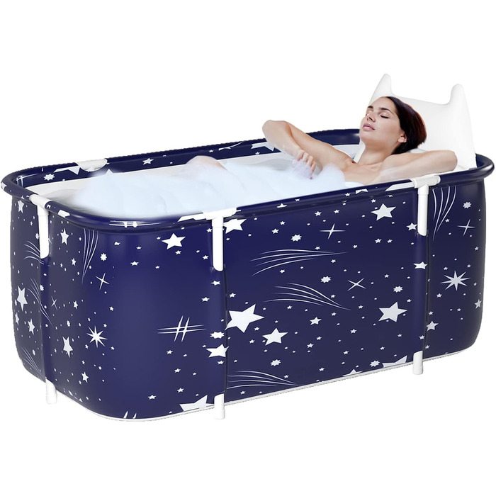 Foldable Bathtub for Adults, 132 x 68 x 47 cm, Steam Bucket for Sauna, Shower, and Ice Bath, Portable, Non-Inflatable (Blue)