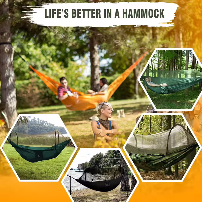 NATUREFUN Ultra-Light Travel Camping Hammock with Mosquito Net | 300 kg (660 lbs) Load Capacity, Breathable Quick-Drying Parachute Nylon | Includes 2 Premium Carabiners and 2 Nylon Straps