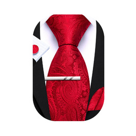 Краватка з шовковим візерунком пейслі, нагрудна хустинка та запонки, комплект 3 шт. Barry.Wang, червоний колір, для урочистих подій та весілля