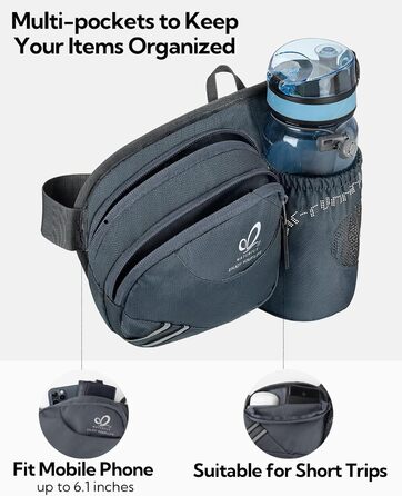 Спортивна поясна сумка Waterfly з тримачем для пляшки, сіра. Для бігу, велоспорту, кемпінгу, подорожей та інших активностей.