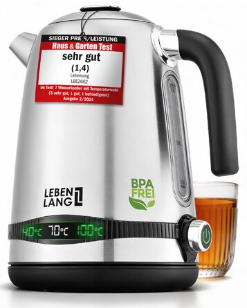 Чайник електричний LEBENLANG з нержавіючої сталі з регулюванням температури, тихий, з дисплеєм та функцією підтримання тепла - 1,7 л, 2200W, ретро без пластику