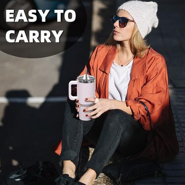 Термокружка WATERSY 40oz з нержавіючої сталі, 591 мл, з подвійними стінками, з ручкою та трубочкою, для гарячих та холодних напоїв (колір: рожевий)