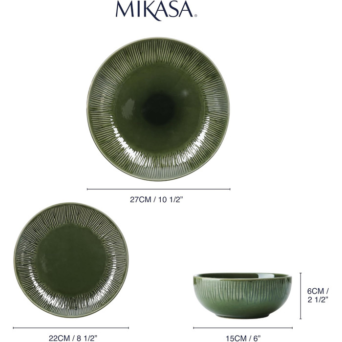 Набір посуду Mikasa Jardin, 12 предметів, кераміка, зелений, для 4 осіб. Тарілки, супові тарілки, миски, подарункова коробка, придатний для миття в посудомийній машині