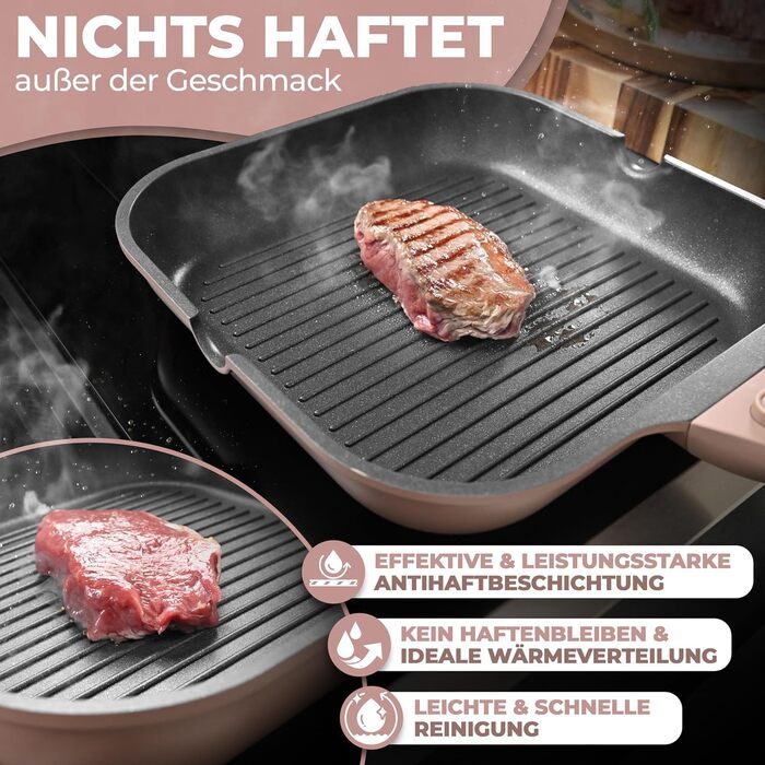 Гриль-сковорода NEU 28 см з виливом та знімною ручкою, антипригарна, без PFOA, для індукції, жаростійка, рожева