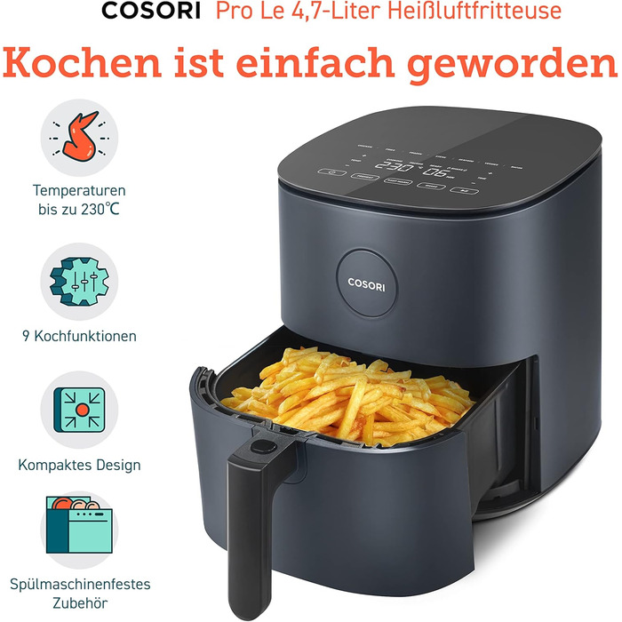 Аерофритюрниця COSORI 9-в-1, 5 л, компактна, до 230°C, для м'яса, з антипригарним кошиком і сенсорним склом, 130+ рецептів, мало олії