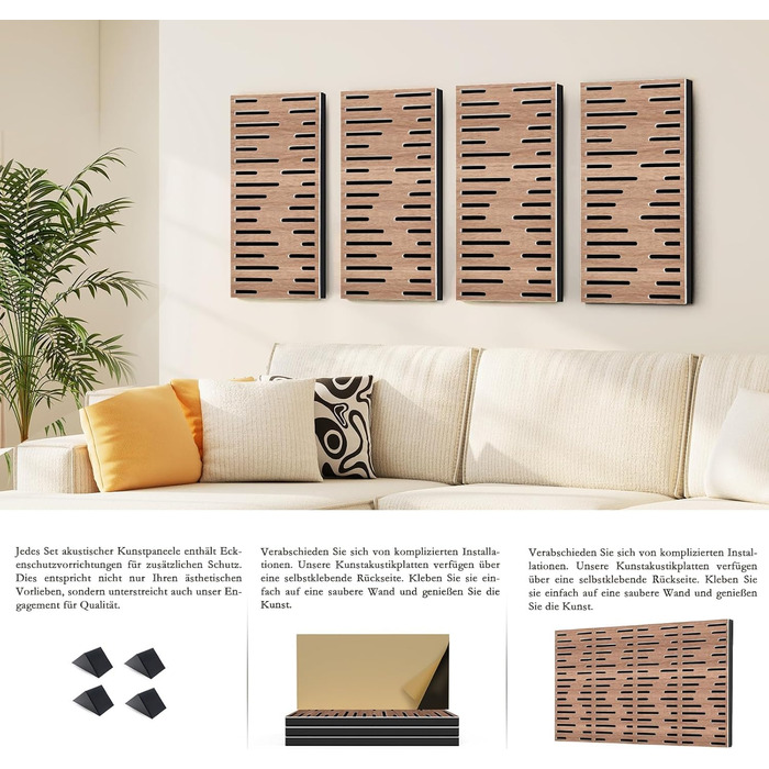 Акустичні панелі JBER для звукоізоляції стін, самоклеючі плити з імітацією горіха (4 шт), 60×30×4.5 см, тришарові декоративні панелі для студії звукозапису