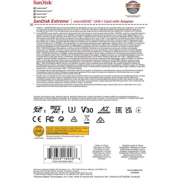 Карта пам'яті SanDisk 128GB Extreme microSDXC UHS-I з адаптером, швидкість читання до 190 МБ/с