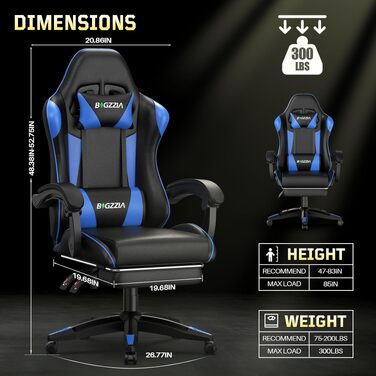 Ігрове крісло Bigzzia Ergonomic Gaming Stuhl з підставкою для ніг та функцією масажу, синій