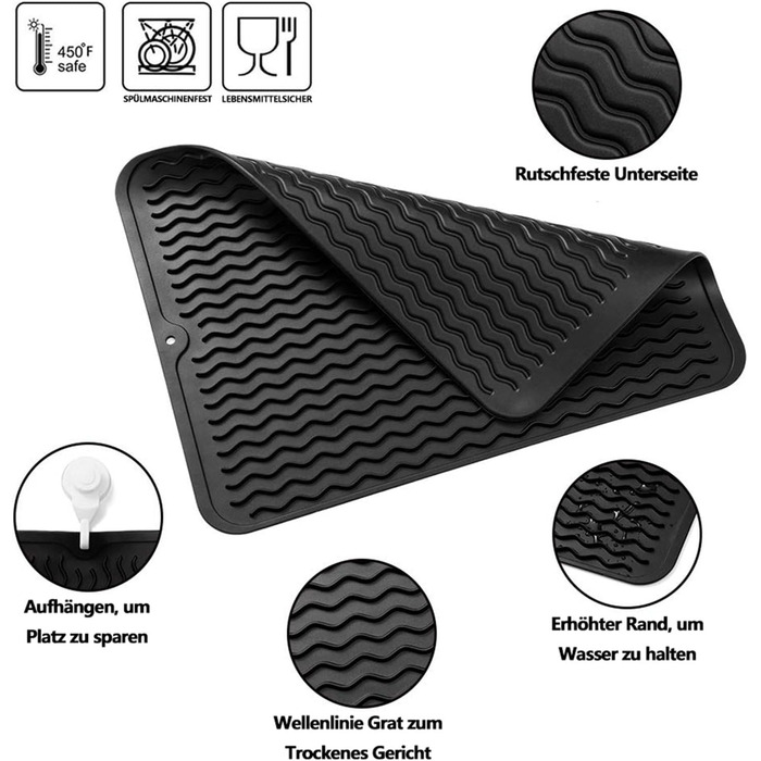 Силиконова підставка для посуду - 50 x 40 см. Без BPA, стійка до нагріву, не слизька. Підставка для сушіння посуду, чорна.