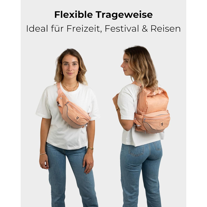 Джонні Ербан Баухташе Дамен & Herren Peach - Jimmy - 2в1 Поясна Сумка з Рюкзаком - Складаний Рюкзак для Фестивалю - Мультифункціональна та Водовідштовхувальна