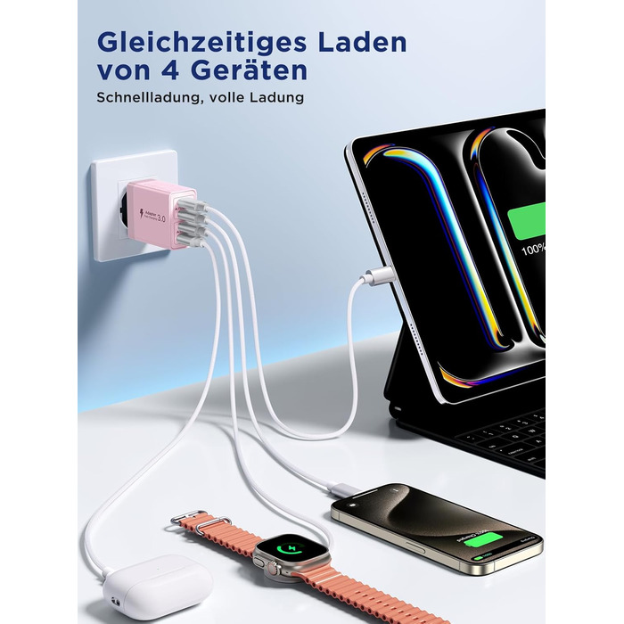 Двопакет USB-C зарядний пристрій Aioneus 4 порти, 40W, PD 3.0, для iPhone, Samsung та інших телефонів (рожевий)