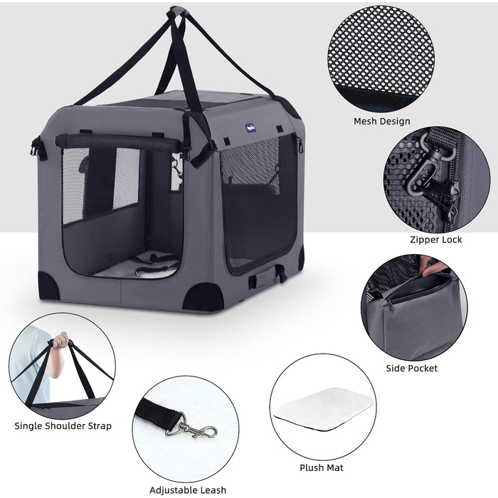 Транспортний бокс для тварин Petprsco з м'якими стінками, для котів та маленьких собак, 3-дверний, складний, з ременями, для подорожей, сірий (81x58x58 см)