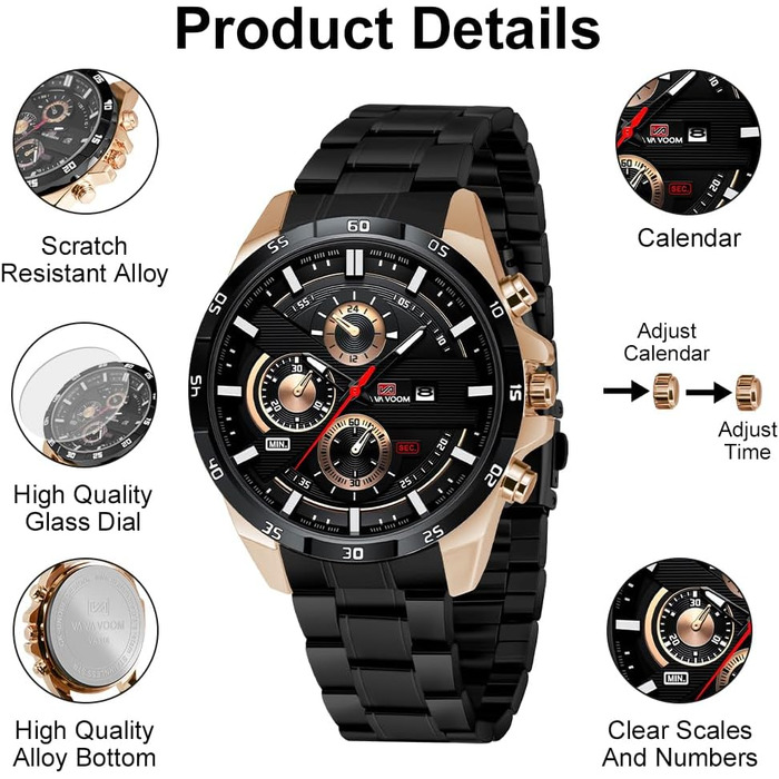 Годинник чоловічий OFFCUP з датою, кварцовий хронограф, водонепроникний, з нержавіючої сталі, для бізнесу та повсякденного носіння (рожеве золото/чорний)