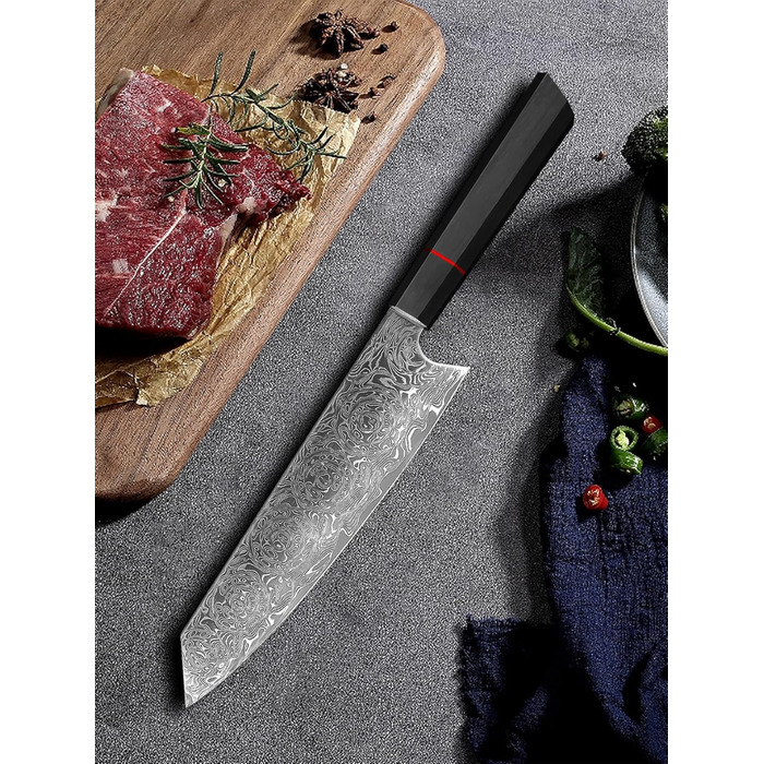 Японський ніж шеф-кухаря Plys Damast: професійний кухонний ніж з дамаської сталі, чорний дерев'яний руків'я (ніж Кіріцуке)
