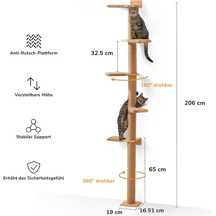 Kratzbaum, 5-story cat tree reaching the ceiling (206 cm), wall-mounted cat tree, made of natural rubber wood, for cats to climb, scratch, look out, and play.