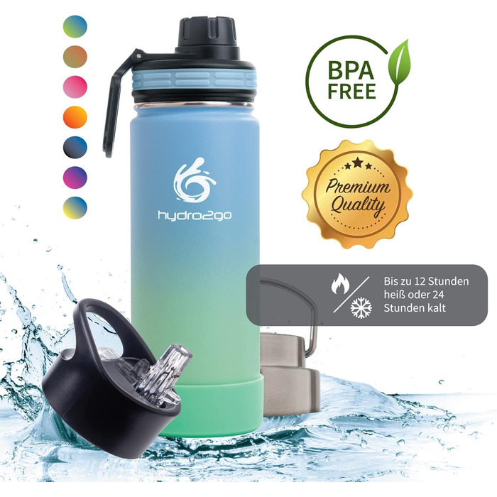 Фляга термос Hydro2Go з нержавіючої сталі 530 мл, 3 кришки, BPA-free, зберігає тепло 12 год, холод 24 год