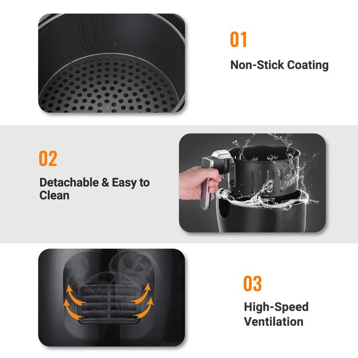 Фритюрниця без олії з 6 програмами приготування, LED-дисплей, книга рецептів, 1500W, чорна