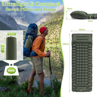 Каремат Satisure для кемпінгу надувний з насосом, водонепроникний, ультралегкий, зелений - для туризму, відпочинку на природі