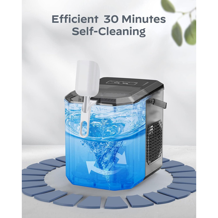 Машина для приготування льоду Silonn з кошиком – портативна та самоочисна, Mini Ice Maker, 9 кубиків/6 хв, 12 кг/день, зручне виймання та використання (Чорний, 1.2 л)