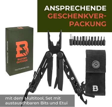 Багатофункціональний інструмент Solid Black 16-в-1: ніж для виживання, мультитул для туризму, кемпінгу та подарунок для чоловіків. Виготовлений з нержавіючої сталі, з бітами.