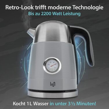 Електричний чайник з нержавіючої сталі 1.7 л з термометром, LED-підсвічуванням та автовимкненням, срібно-сірий